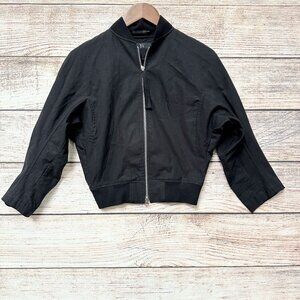 Y's Womens Twill Bomber Jacket Size 1 Black Zip UP Long Sleeve Snap Cuffs